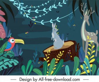 Selva Pintura Plantas Coloridas Animais Esboço Design Clássico