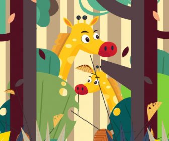 Jungle Painting Giraffes Trees Sketch Cartoon Design