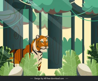 Jungle Painting Trees Tiger Sketch Colorful Classic Design