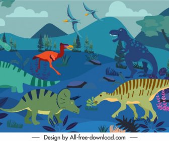 Fundo Jurássico Dinossauros Selvagens Espécies Esboço Desenho Animado