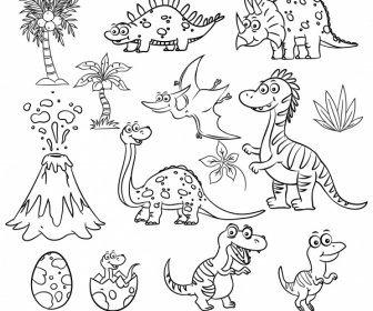 Elementos De Diseño Jurásico Dibujados A Mano Bosque Volcán árbol Dinosaurio