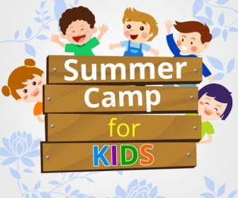 Kid Camps Advertisement Cute Kids Icons Colored Cartoon