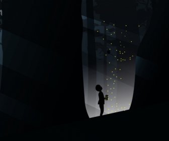 Figlio Di Catturare Firefly Nella Foresta In Stile Silhouette