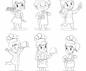 Kid Cooks Icons Cute Cartoon Characters Handdrawn Sketch