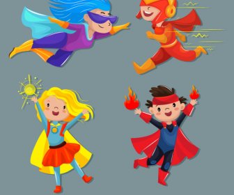 Kid Hero Icons Funny Design Cute Cartoon Characters
