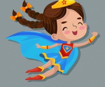 子供のスーパーウーマンアイコン飛行ジェスチャーかわいい漫画のデザイン