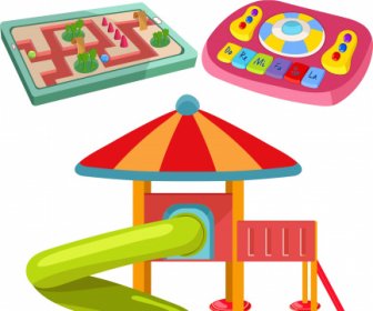 Kind Spielzeug Symbole Bunt Flach 3D-Skizze