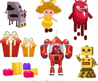 детские игрушки иконки красочные современные предметы эскиз