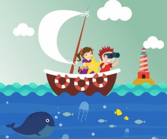 Anak-anak Latar Belakang Berlayar Spesies Laut Ikon Kartun Desain
