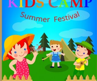 Kids Camp Banner Children Icons Multicolored Cartoon Design