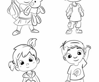 Iconos De Niños Lindo Dibujoanimado Dibujonegro Blanco Dibujado A Mano