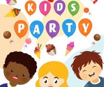 Kids Party Background Colorful Cartoon Design Cream Icons