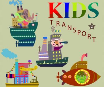 Ilustração De Conceito De Transporte Crianças Com Meios Marinhos Coloridos