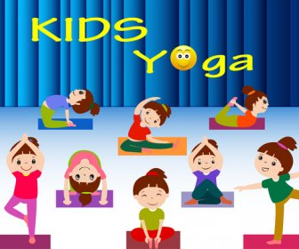 Anak Yoga Vektor Ilustrasi Dengan Berbagai Postur