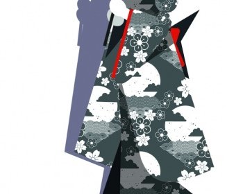 кимоно девушки значок зонтик декор мультипликационный персонаж эскиз
