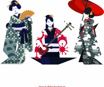 Kimono Girl Icons Colored Retro Design Cartoon Characters