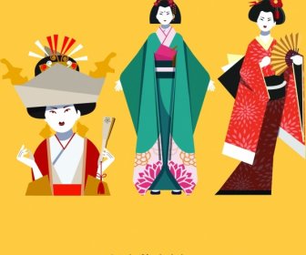 Personagens De Desenhos Animados Do Quimono Meninas ícones Coloridos De Design Clássico