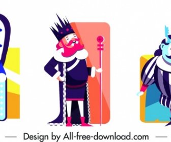 Könige Symbole Cartoon Charaktere Klassische Farbenfrohes Design