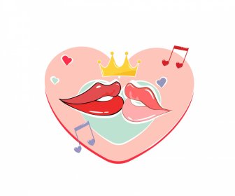 Beijo Valentim Elementos De Design Engraçado Lábios Dinâmicos Coroa Música Notas Esboço