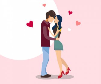 Beijando Menino Menina Valentine ícone Desenhos Animados Esboço Corações Decoração
