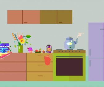Kitchen Arrangement Design With Colored Flat Style