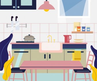 Kitchen Background Furniture Utensils Icons Multicolored Design