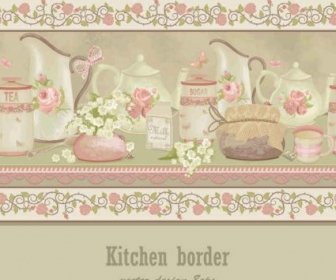 Kitchen Border With Ping Flowers Vecror