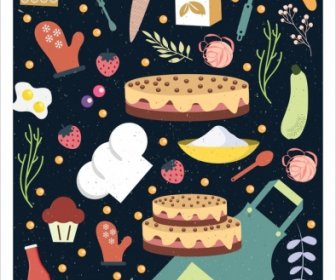 Dapur Elemen Desain Berbagai Warna-warni Makanan Peralatan Ikon