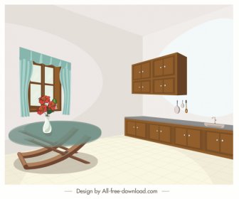 Ruang Makan Dapur Menggambar Sketsa 3D Kontemporer