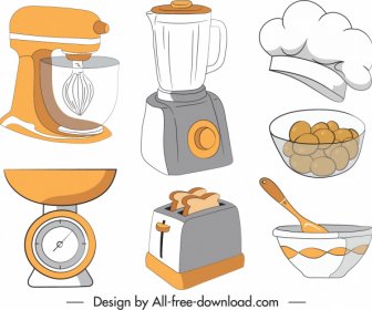 Kitchen Elements Icons Handdrawn Sketch