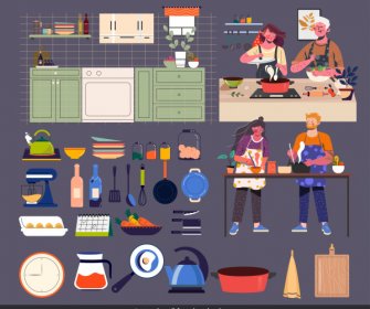 Ikon Dapur Benda-benda Berwarna-warni Memasak Sketsa