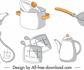 кухонные объекты иконки классический Handdrawn эскиз