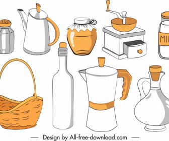 Kitchen Objects Icons Classical Handdrawn Outline