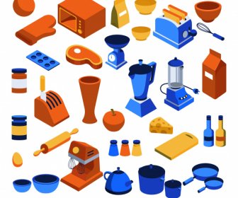 Küchenobjekte Icons Farbige Klassische 3D-Skizze