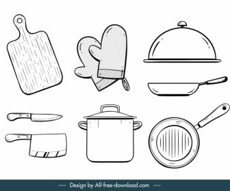 Kitchen Utensils Icons Black White Handdrawn Flat Sketch