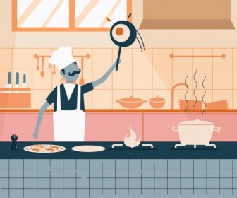 Dapur Kerja Latar Belakang Memasak Perkakas Ikon Kartun Sketsa