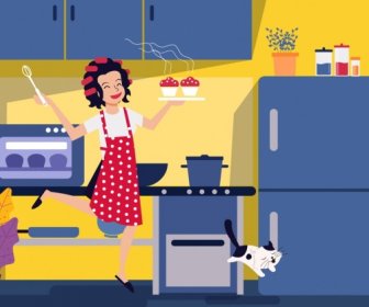 Küche Arbeit Hintergrund Glückliche Hausfrau Symbol Cartoon-design