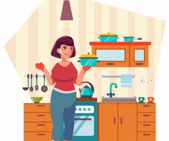 Kitchen Work Background Woman Furniture Icons Cartoon Design