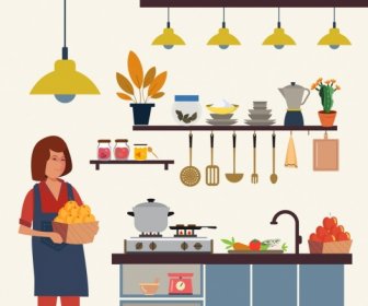 Dapur Pekerjaan Gambar Ibu Rumah Tangga Perkakas Ikon Kartun Berwarna