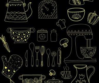 Schizzo Di Utensili Da Cucina Icone Nero Giallo Disegnato A Mano