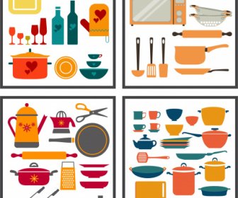 Kitchenware Utensilien HintergrundVorlagen Bunte Flache Objekte Skizze