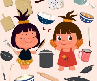 Kitchenwares Icons Collection Cute Girls Utensils Accessories