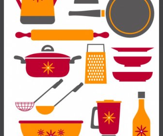 Ikon Peralatan Dapur Berwarna Sketsa Datar Klasik