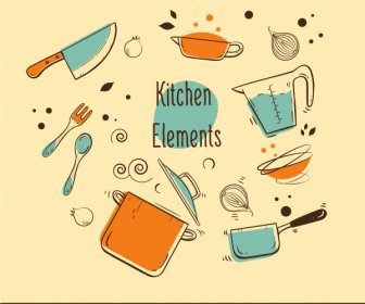 ícones De Utensílios De Cozinha Coloridos Flat Desenhados à Mão Esboço Dinâmico