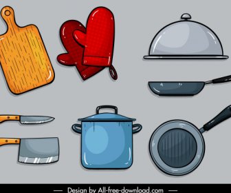 Küchenwaren Icons Farbige Flache Skizze