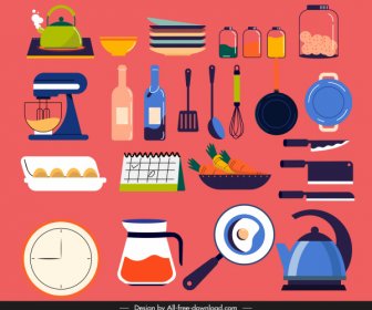 Ikon Peralatan Dapur Sketsa Klasik Berwarna-warni