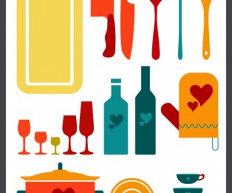 Ikon Peralatan Dapur Berwarna-warni Sketsa Klasik Datar