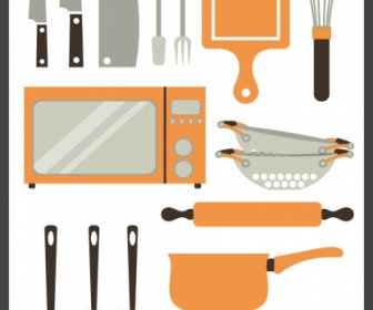 Küchenwaren Icons Flache Skizze Klassisches Design