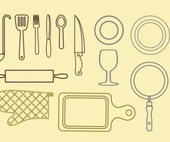 Kitchenwares Icons Outline Various Flat Design