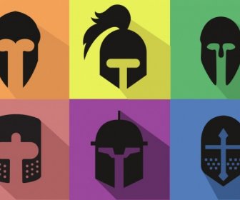 Knight Helmets Icons Flat Black Design